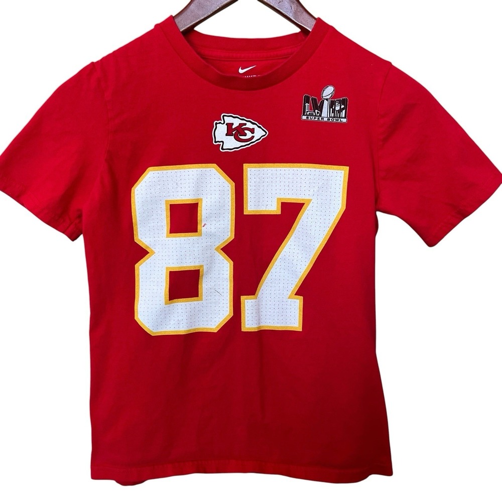 Travis Kelce 87 Kansas City Chiefs Nike Youth Medium 10/12 Shirt Red Super Bowl